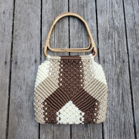 Handmade Handbags - 1970s macrame handbag with bamboo handles